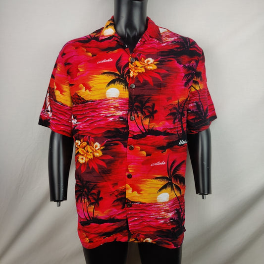 Aloha Hut Vintage Red Sunset Palm Trees Hawaiian Shirt Men Medium