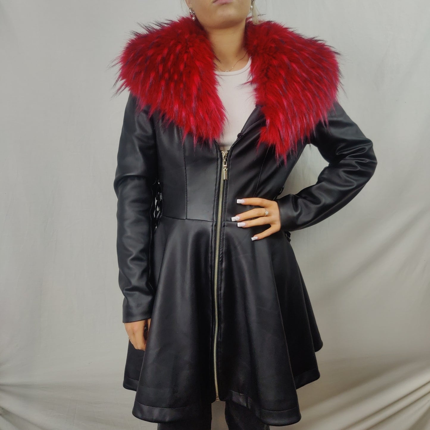 Mexton Black Faux Leather Red Fur Collar Overcoat Jacket Women Medium