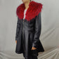 Mexton Black Faux Leather Red Fur Collar Overcoat Jacket Women Medium