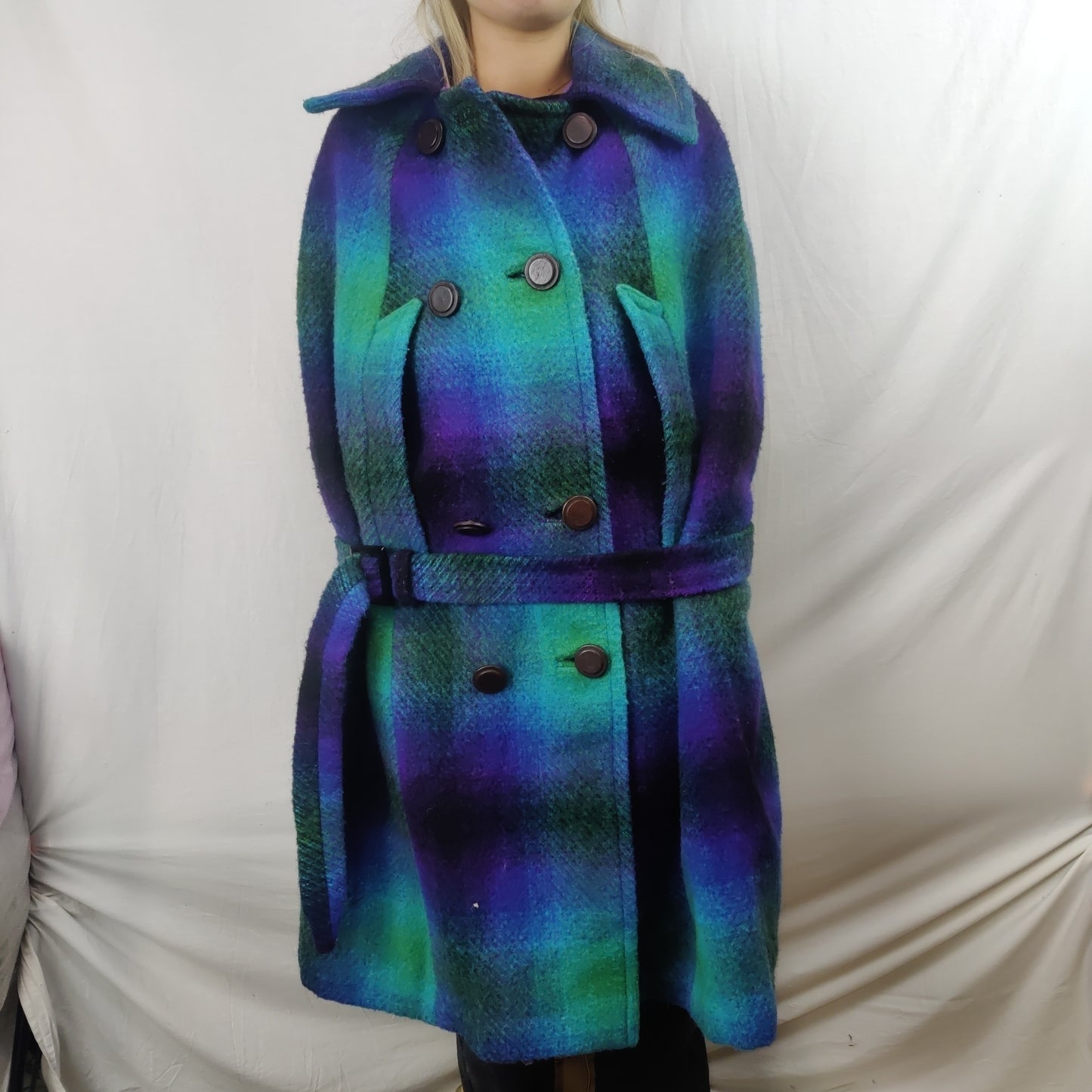 Serenade Models Vintage Purple Green Blue Wool Cape Overcoat Coat Women Large