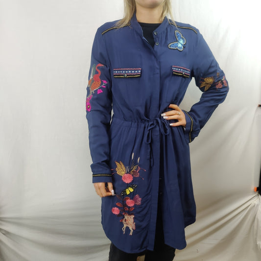 Desigual Blue Cotton Embroidered Shirt Dress Women Size Medium