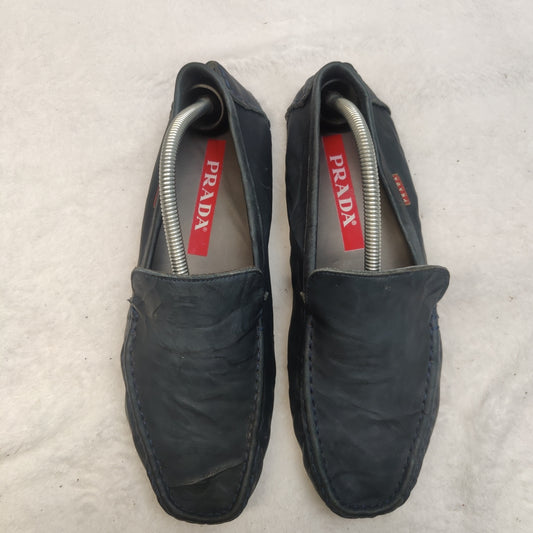 Prada Vintage Navy Blue Leather Moccasin Loafer Casual Shoes Size UK 8 EU 42
