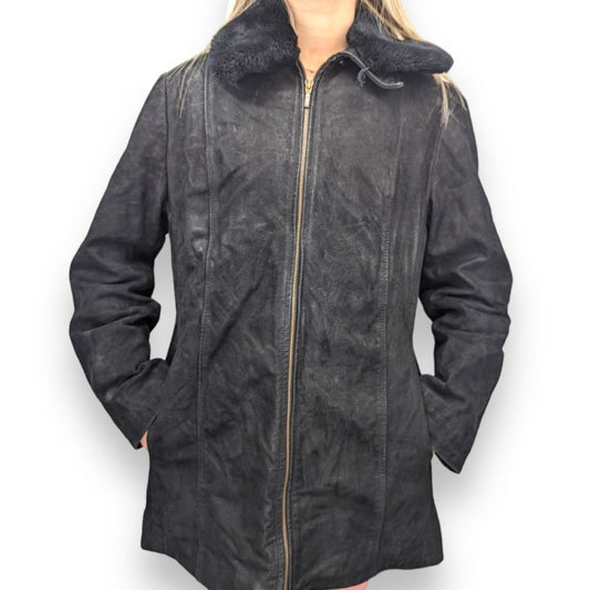 Vintage Black Zip Up Fur Collar Genuine Leather Jacket Coat Women Size UK 14