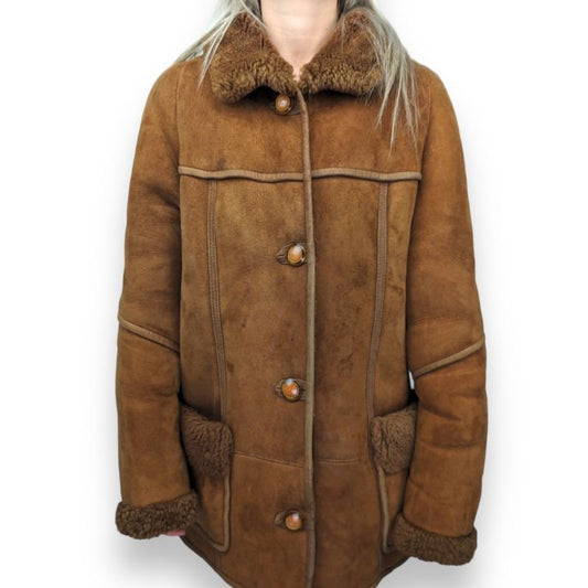Roza Vintage Brown Button Fur Lined Suede Leather Long Coat Women Size Large