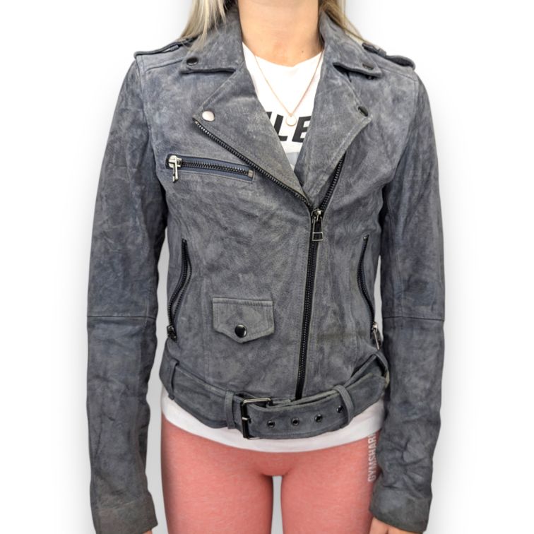 Review Vintage Grey Biker Suede Leather Jacket Women Size Small