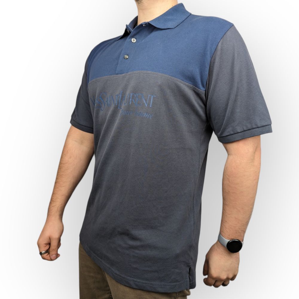 Yves Saint Laurent Blue Grey Short Sleeve Casual Polo Shirt Men Size Large