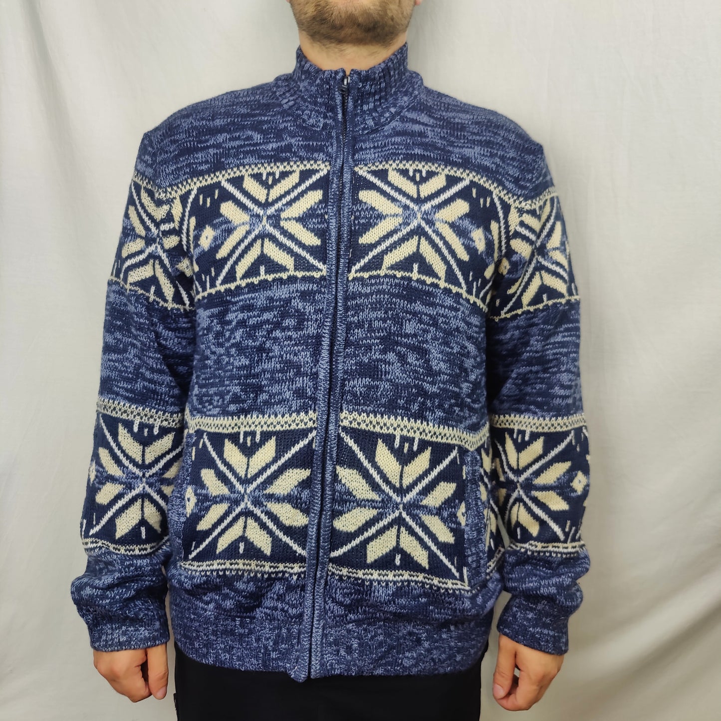 Atlas Mottled Blue Fleece Lined Knitted Jacket Men Size Large