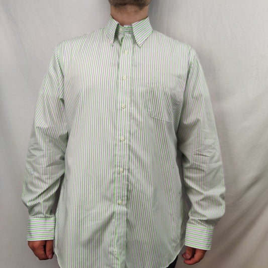 Ralph Lauren White Green Striped Long Sleeve Casual Shirt Men Size Large