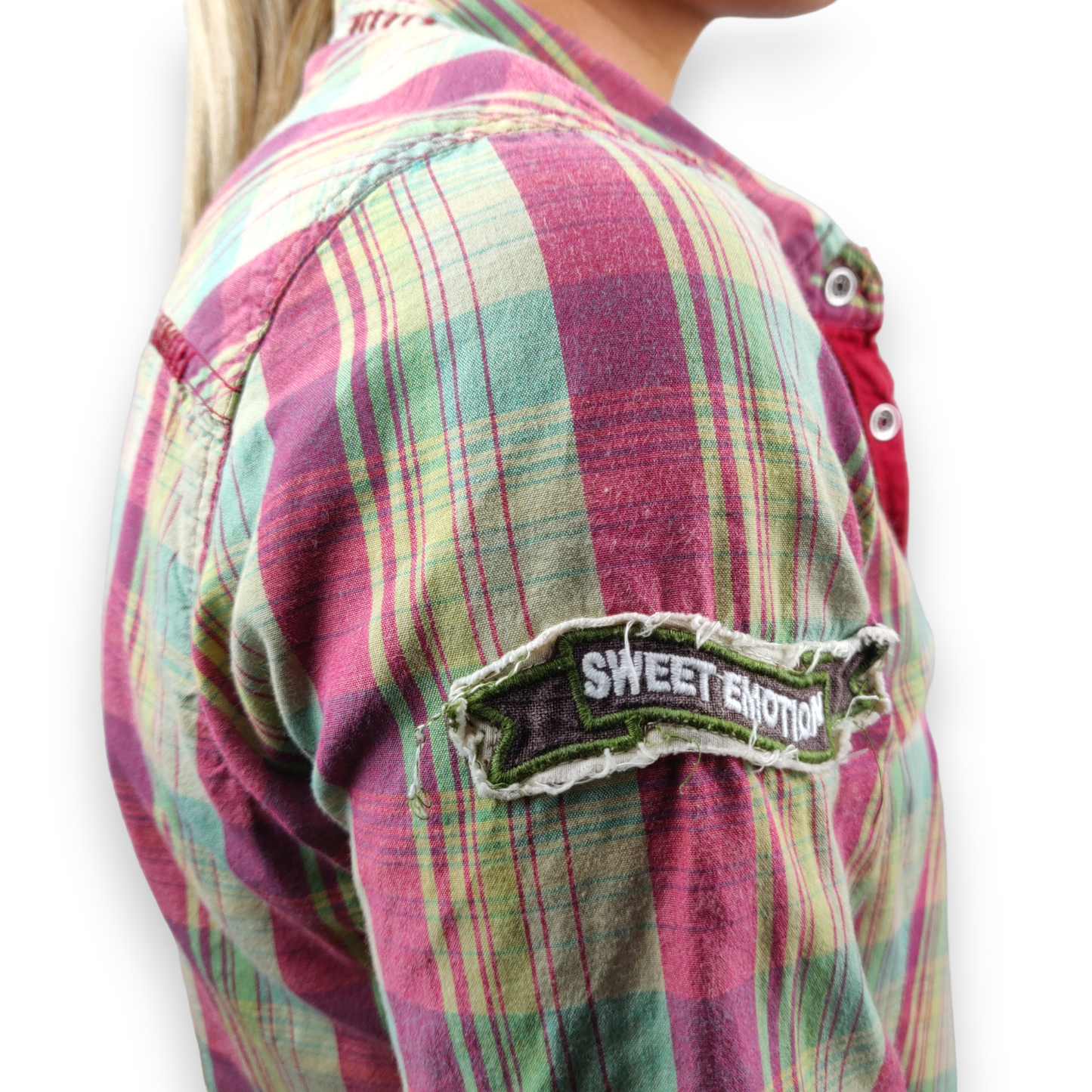 Next Petite Vintage Green Pink 3/4 Sleeve Plaid Shirt Blouse Women Size UK 10