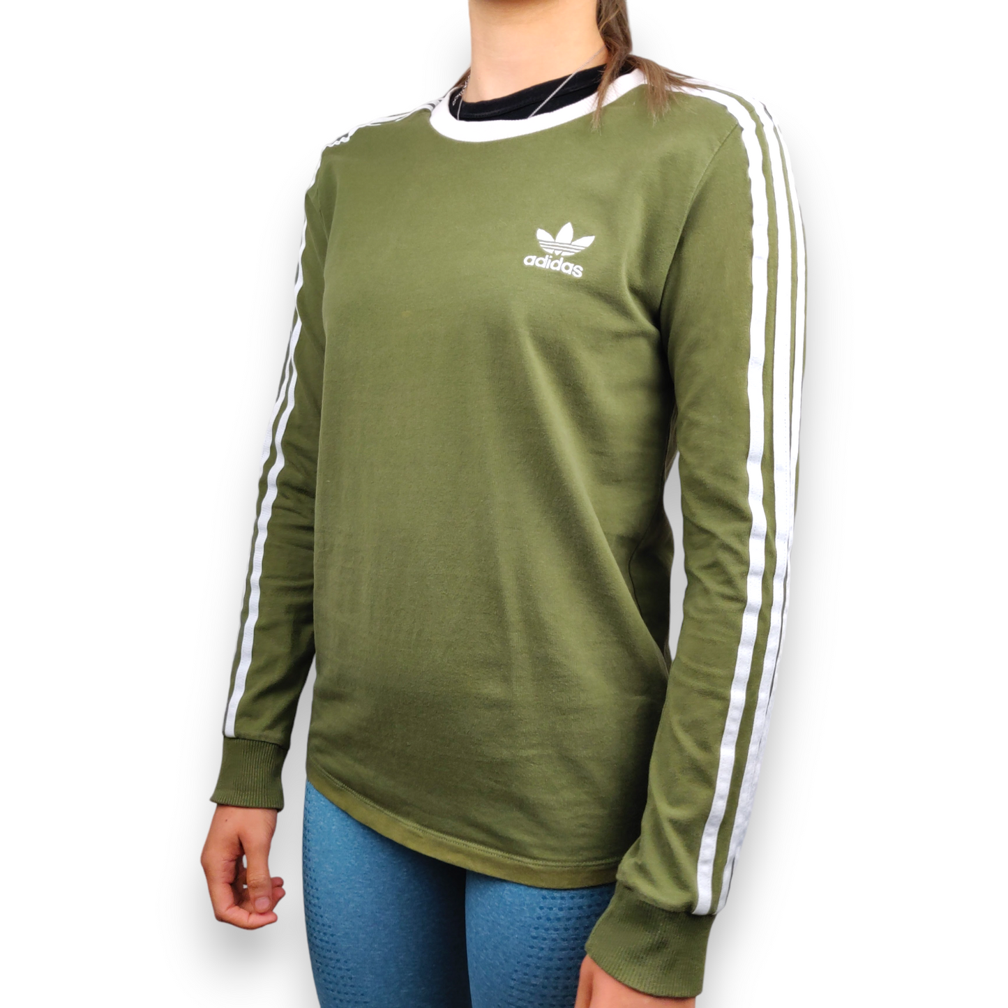 Adidas Green 3 Stripes Crew Neck Long Sleeve T-shirt Women Size UK 10