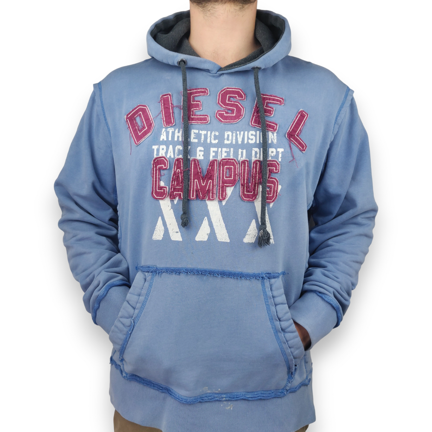 Diesel Vintage Track & Field Embroidered Blue Pullover Hoodie Men Size XL