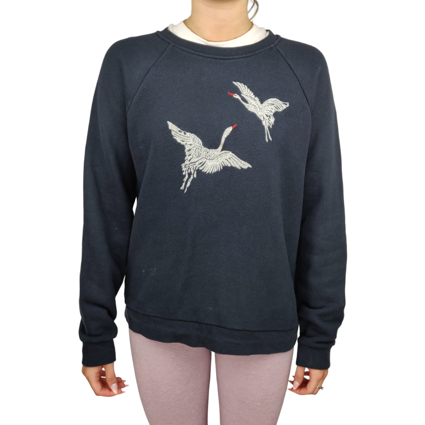 Whistles Navy Crew Neck Embroidered Crane Birds Sweatshirt Women Size Small