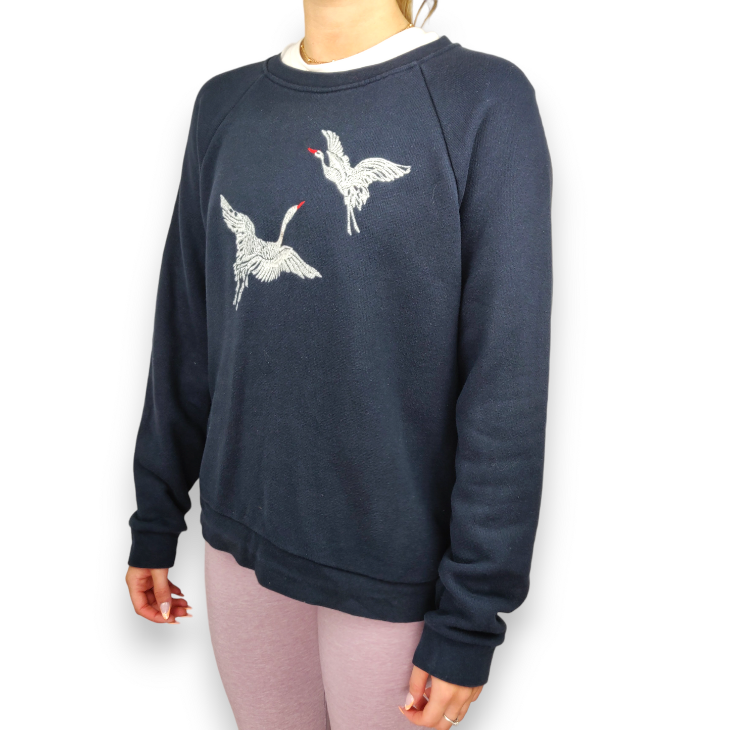 Whistles Navy Crew Neck Embroidered Crane Birds Sweatshirt Women Size Small