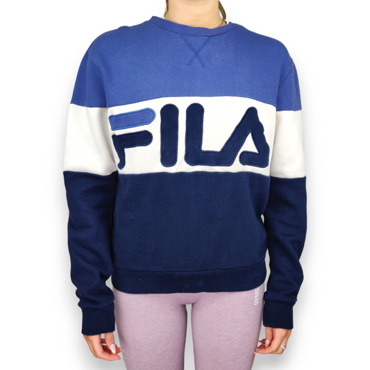 FILA Vintage Blue Embroidered Logo Loose Fit Pullover Sweatshirt Women Size XS / UK 8