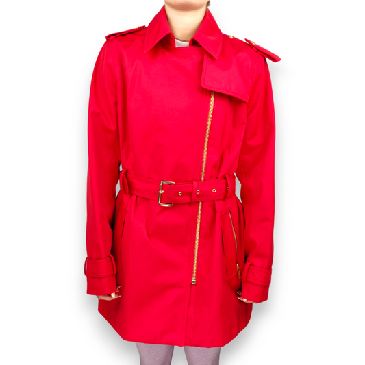 Michael Kors Red Zip-Front Belted Trench Coat Jacket Women Size Large