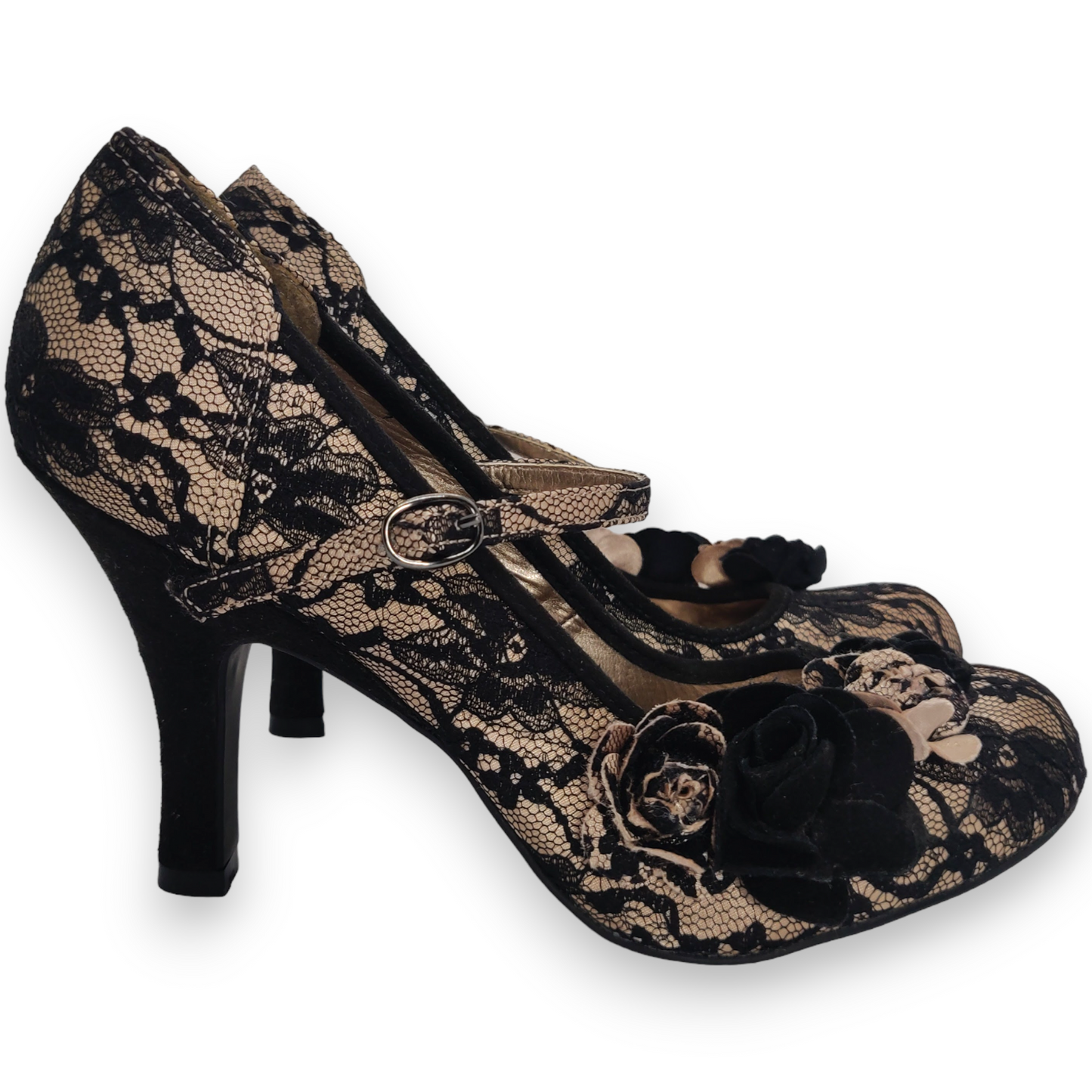 Ruby Shoo Black Lace Champagne Roses Court Heels Shoes Women Size UK 6 (EU 39)