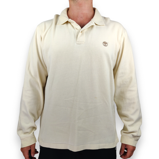 Timberland Vintage White Long Sleeve Cotton Polo Shirt Men Size Large