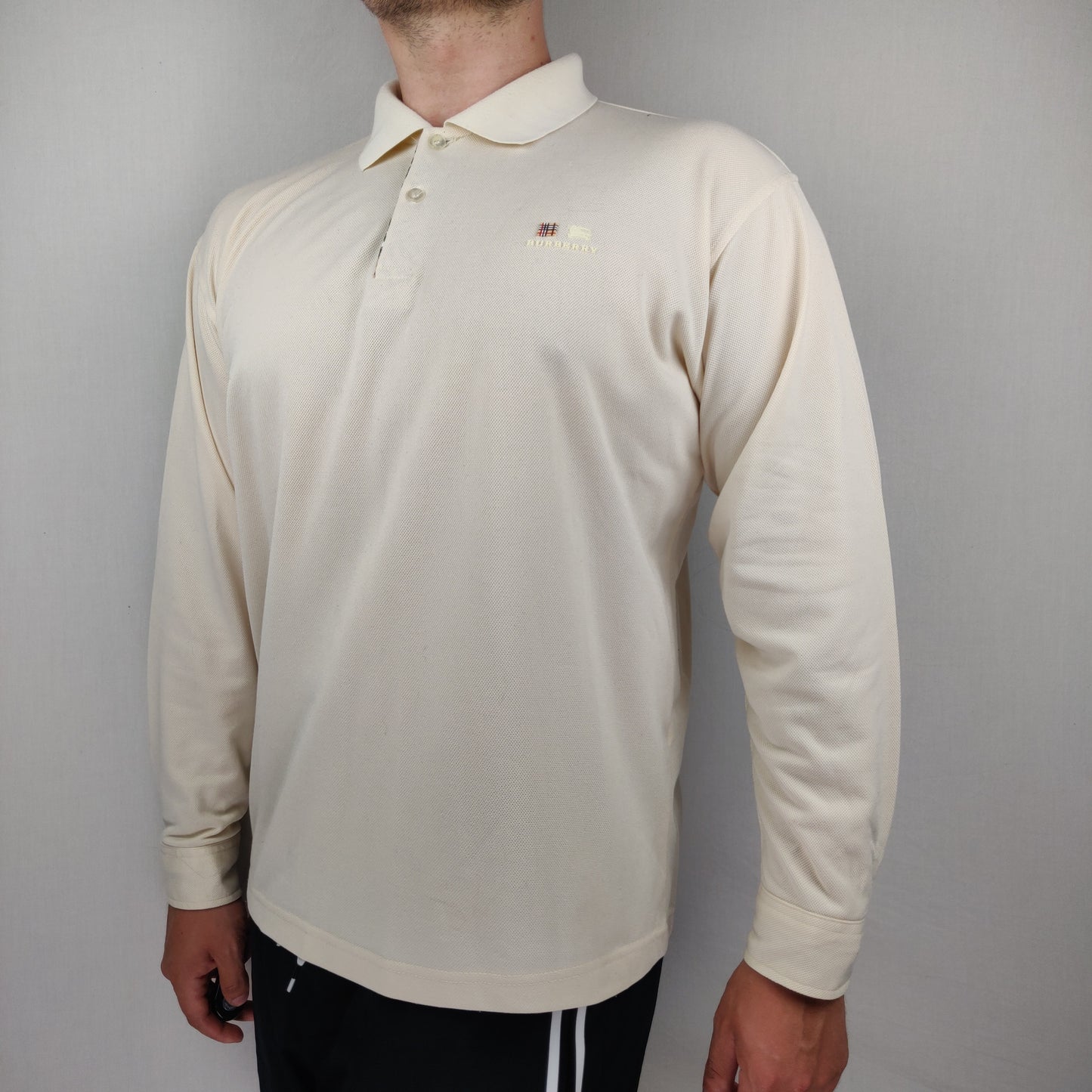 Burberry London White Long Sleeve Cotton Polo Shirt Men Size XL