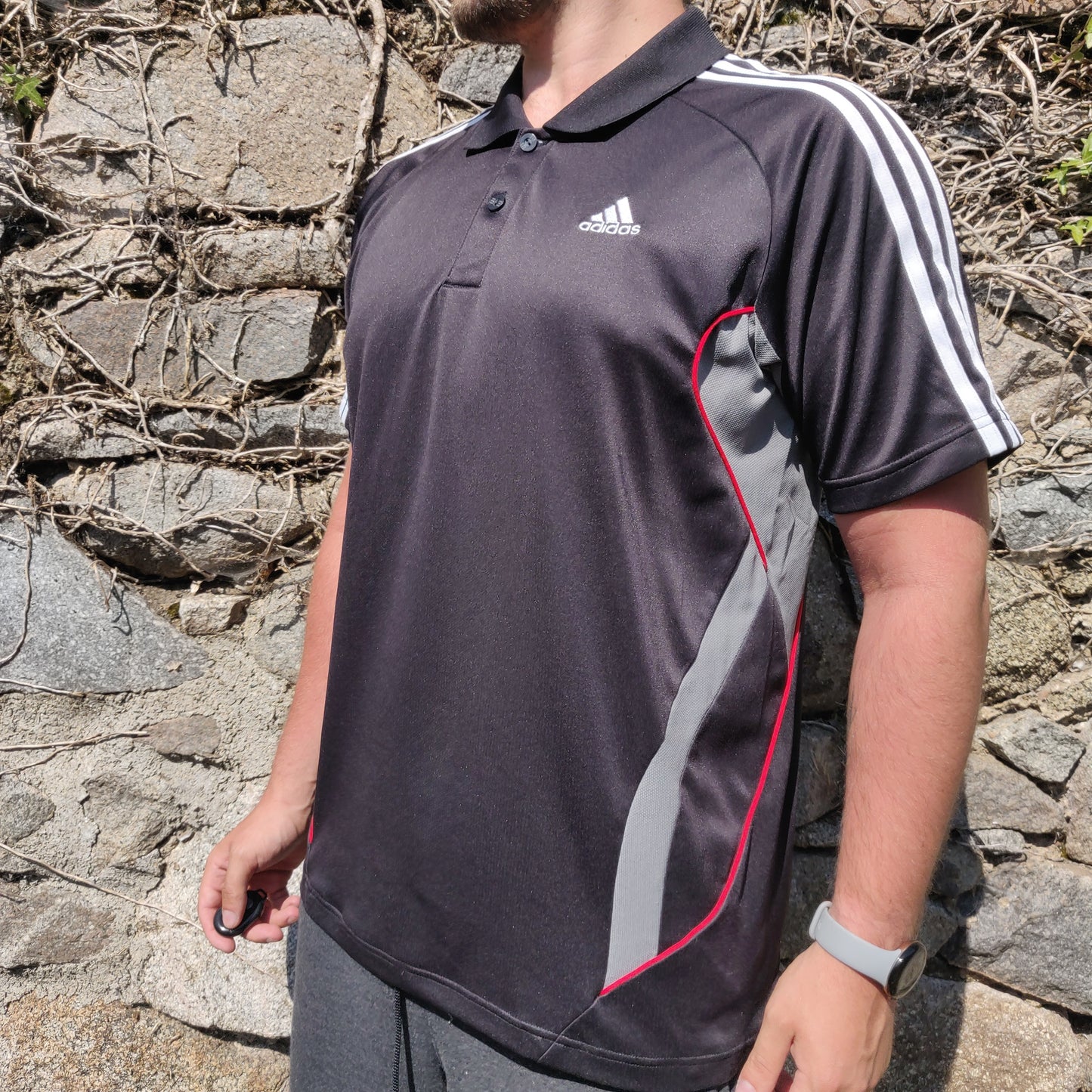 Adidas ClimaLite 3 Stripes Black Short Sleeve Button Up Golf Polo Shirt Men Size Large