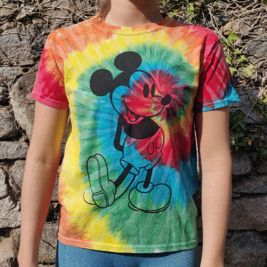 Disney Mickey Mouse Multicolour Dye Crop Tee Crew Neck T-Shirt Women Size Small