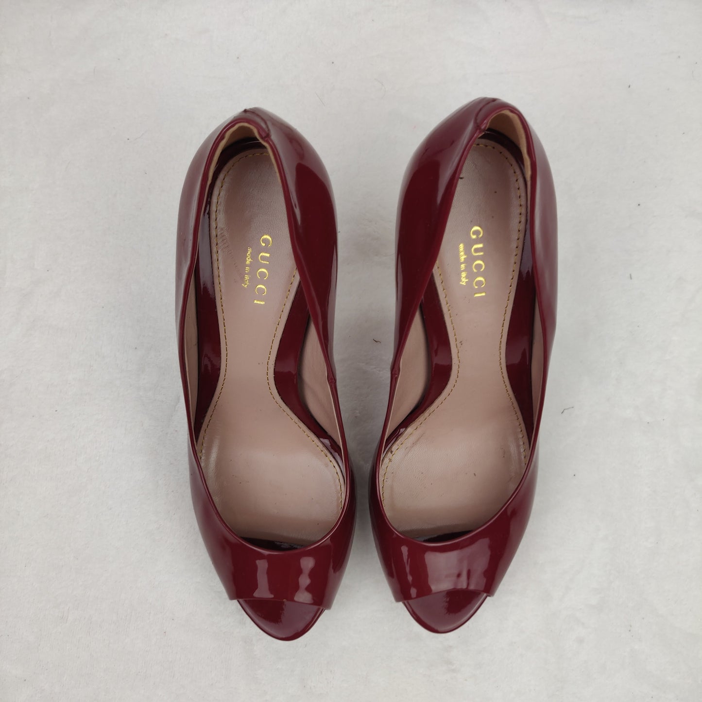 Gucci Lisbeth Burgundy Red Patent Leather Peep Toe Platform High Heels UK 6 EU 39