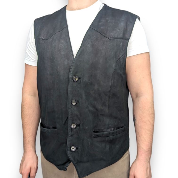 Hide Park Vintage Black Real Leather Vest Waistcoat Men Size XL