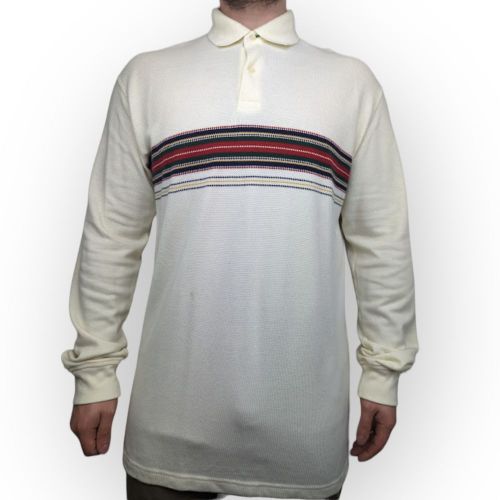 Tommy Hilfiger Vintage White Long Sleeve Cotton Polo Shirt Men Size Large