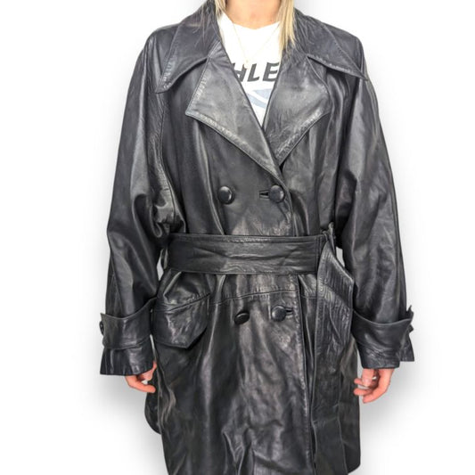 ChinaTown Vintage Black Leather Trench Coat Women Size UK 12