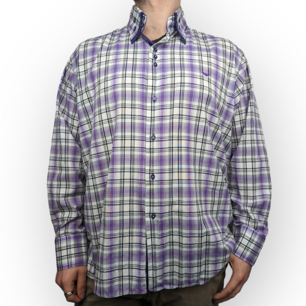 Emporio Armani Vintage Purple Green Plaid Long Sleeve Dress Shirt Men 3XL