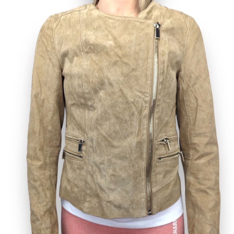 MNG Beige Pig Skin Suede Leather Biker Jacket Women Size Small