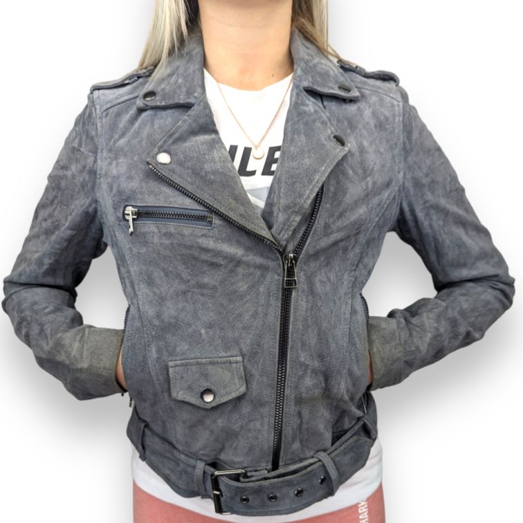 Review Vintage Grey Biker Suede Leather Jacket Women Size Small