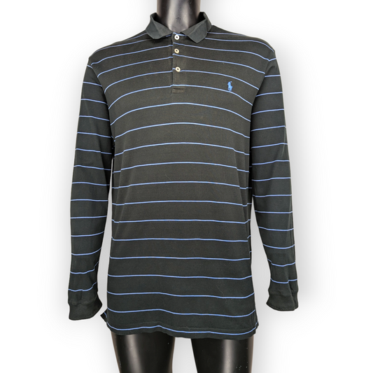 Ralph Lauren Polo Golf Vintage Black Long Sleeved Striped Polo Shirt Men Medium