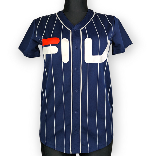 Fila Vintage Blue White Pinstripe Loose Fit Baseball T-Shirt Women Size Medium