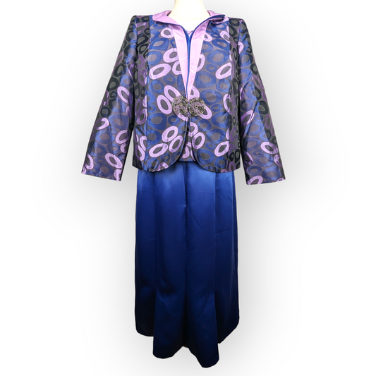 Jomhoy Blue Purple Floral 3 Piece Suit Blazer Jacket Top Skirt Dress Women Size 46