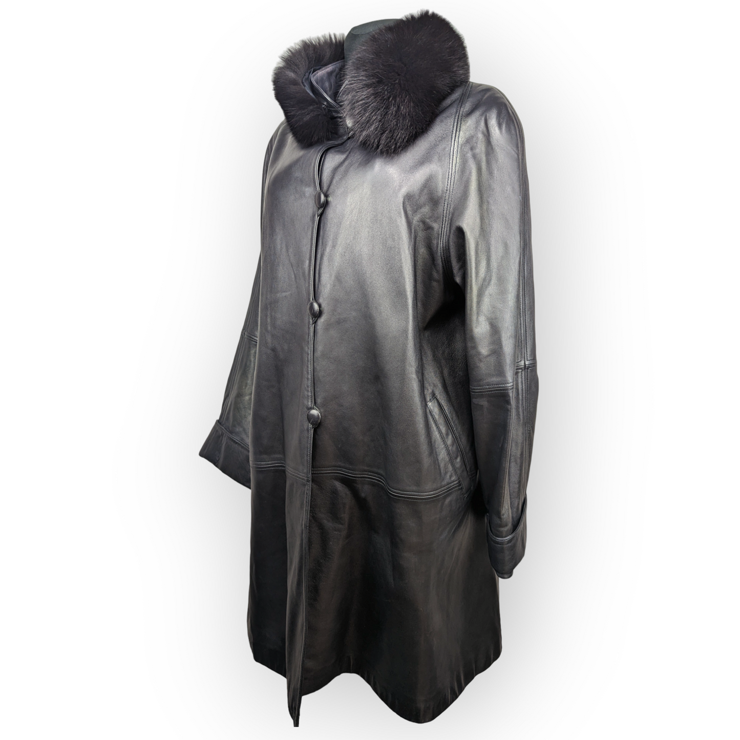 IV Quattro Stagioni Vintage Black Leather Coat Jacket Fur Collar Women UK 14