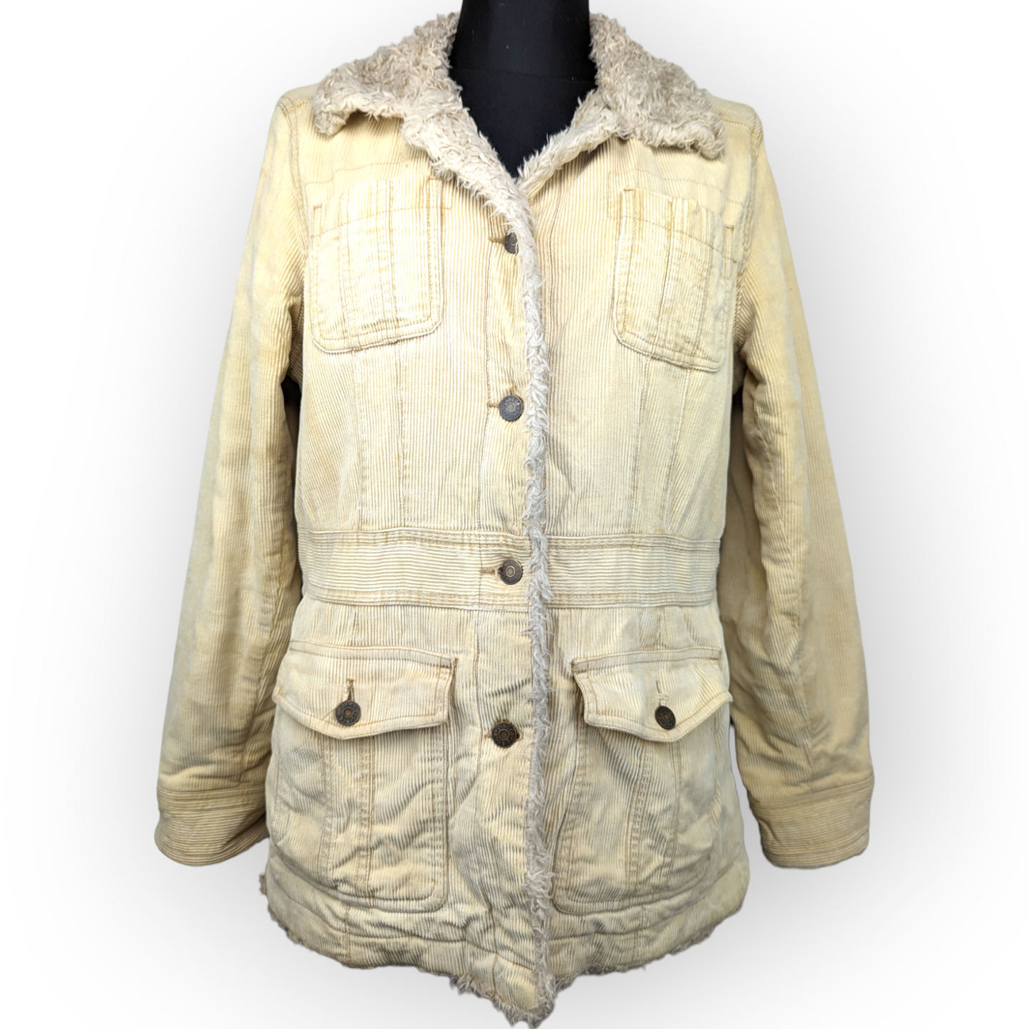 Giacca Vintage Beige Fleece Lined Corduroy Denim Button Jacket Women Large