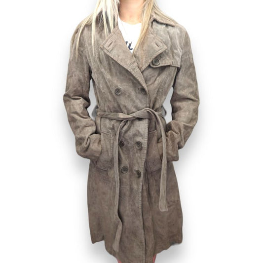 Savida Beige Buttons Suede Leather Trench Coat Women Size UK 12