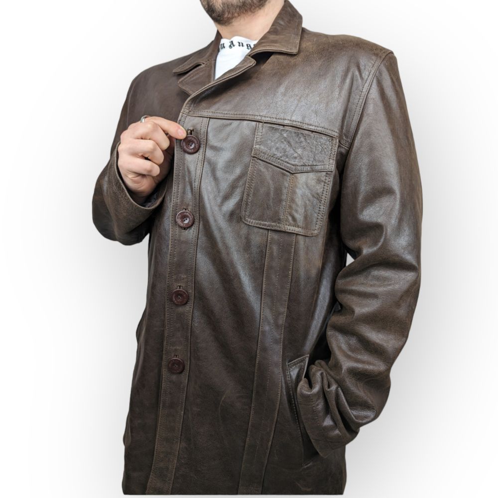Aviatrix Vintage Brown Button Up Leather Coat Jacket Men Size XL