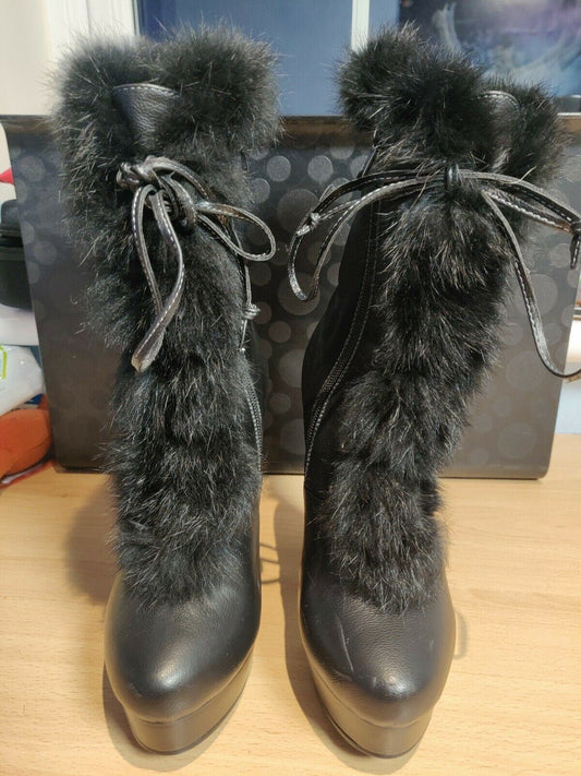 MekoMelo Black Zip Leather Boots Heel Ankle Black Fury Women Size UK 4