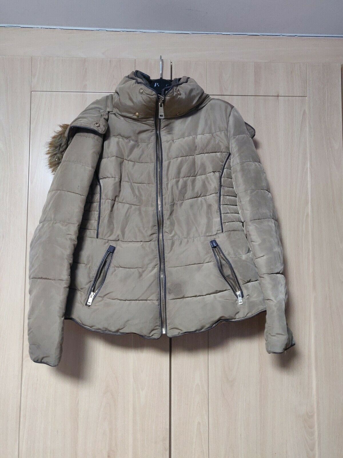 Zara Basic Beige Puffer jacket With Fur Lined Hood Women Size Large