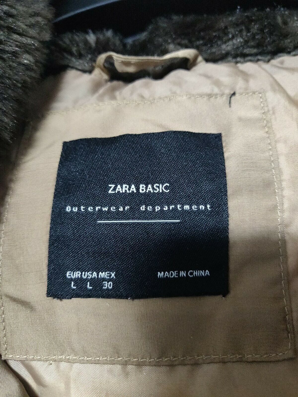Zara Basic Beige Puffer jacket With Fur Lined Hood Women Size Large
