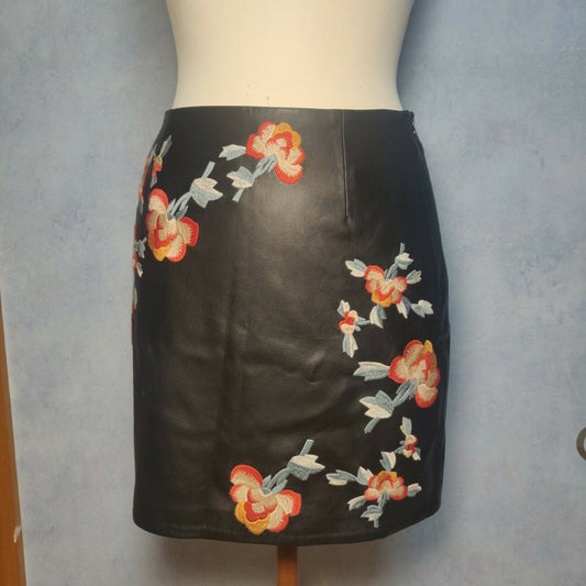 River Island Black Leather Skirt Embroidered Flowers Women Size UK 6
