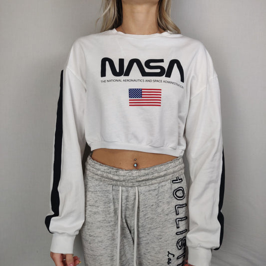 H&M Divided White NASA Cropped Long Sleeve T-Shirt Women Size Small