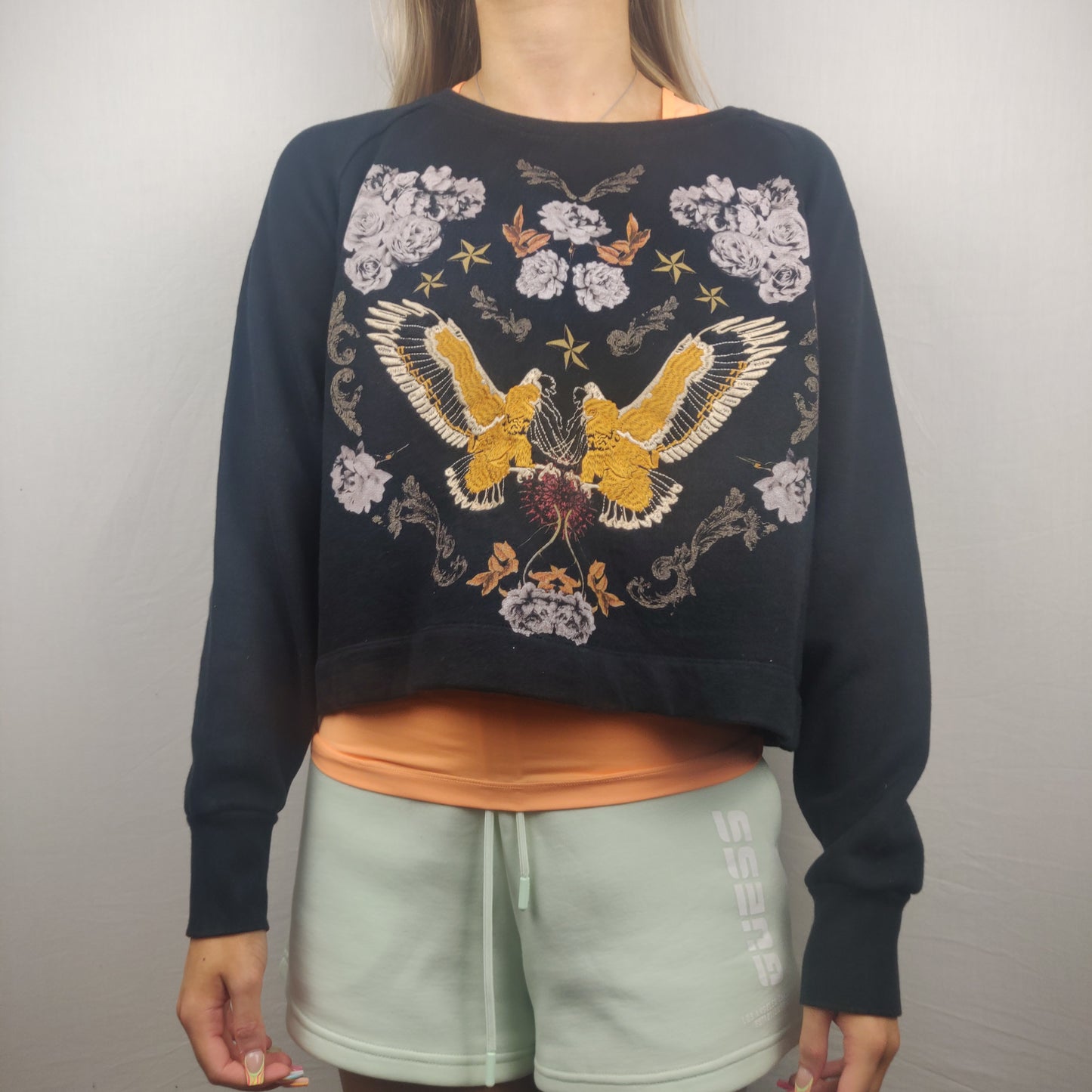 Zara Trafaluc Black Floral Cropped Sweatshirt Embroidered Women Size Medium